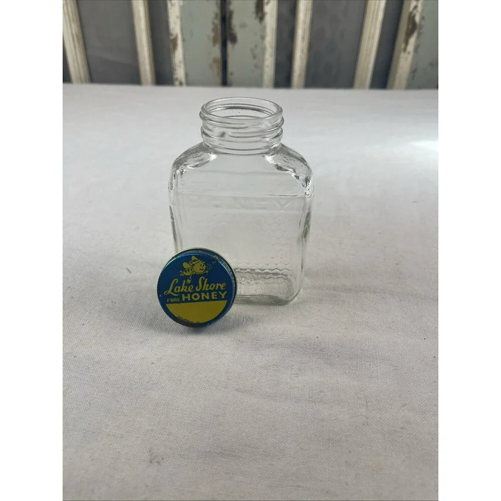 Glass Jar LAKE SHORE Pure HONEY Honeycomb Embossed  * UNIQUE * With Lid!